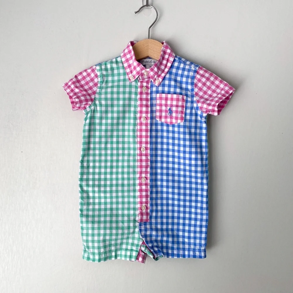 Ralph Lauren Gingham Cotton Poplin Shortall Romper 9M